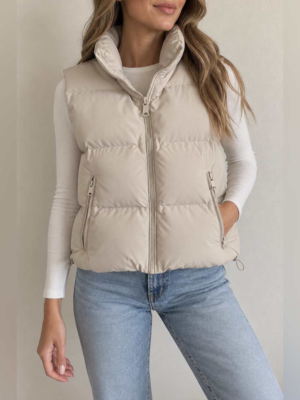 ZARA Quilted Puffer Vest Cream Beige Size M